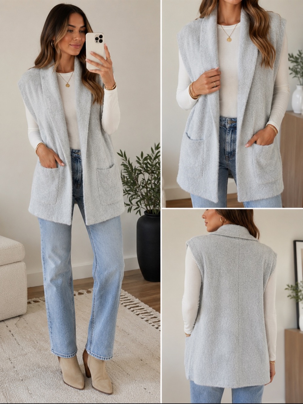 NVLT Silver Grey Plush Open-Front Sleeveless Vest